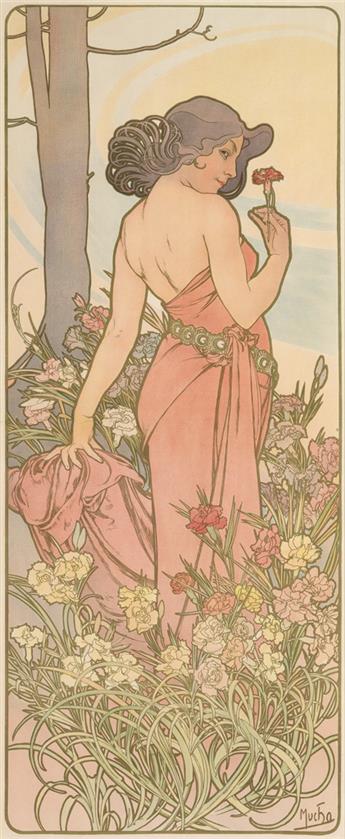 ALPHONSE MUCHA (1860-1939). [THE FLOWERS.] 1898. Each approximately 40x16 inches, 103x42 cm. [F. Champenois, Paris.]